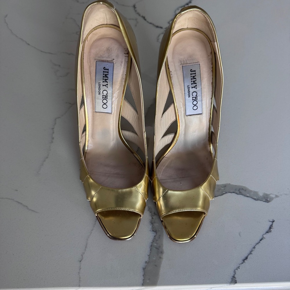Jimmy Choo Metallic Gold Leather Cutout Open Toe Stiletto Pumps Heel 38